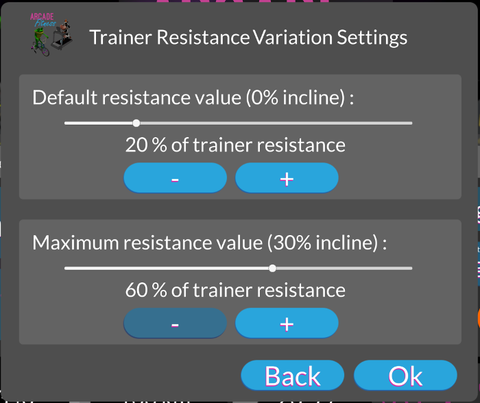 Arcade Fitness Resistance Variations Settings